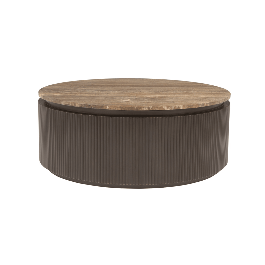 Brauner runder gerippter Couchtisch mit Travertinplatte