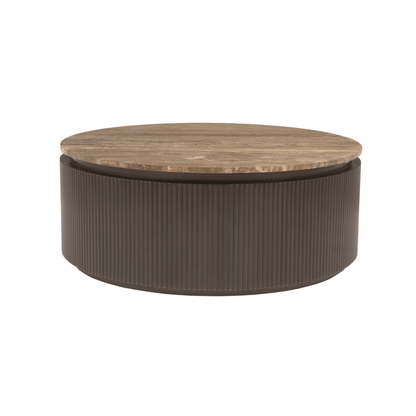 Brauner runder gerippter Couchtisch mit Travertinplatte