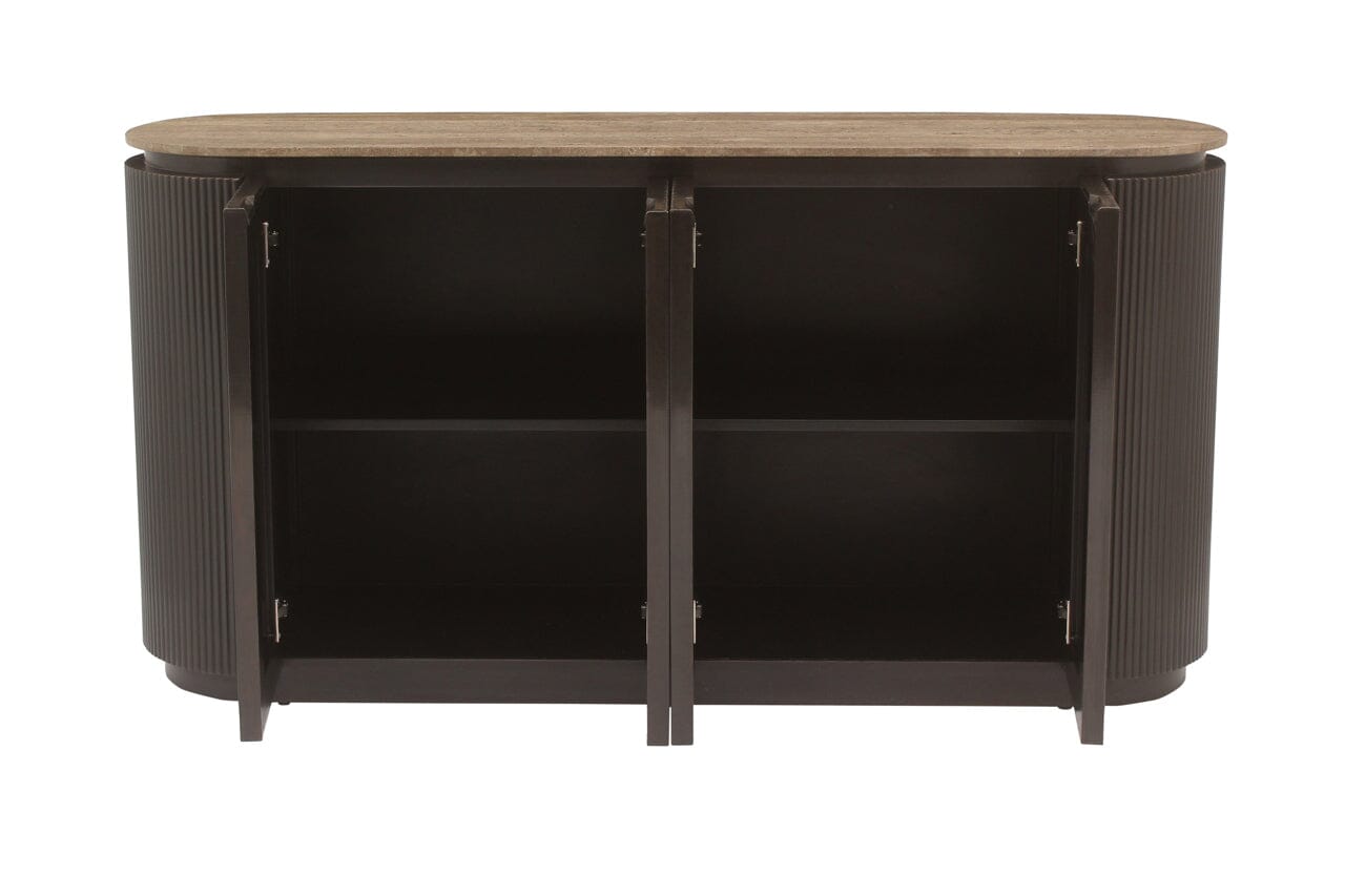 Braunes geripptes Sideboard mit Travertinplatte