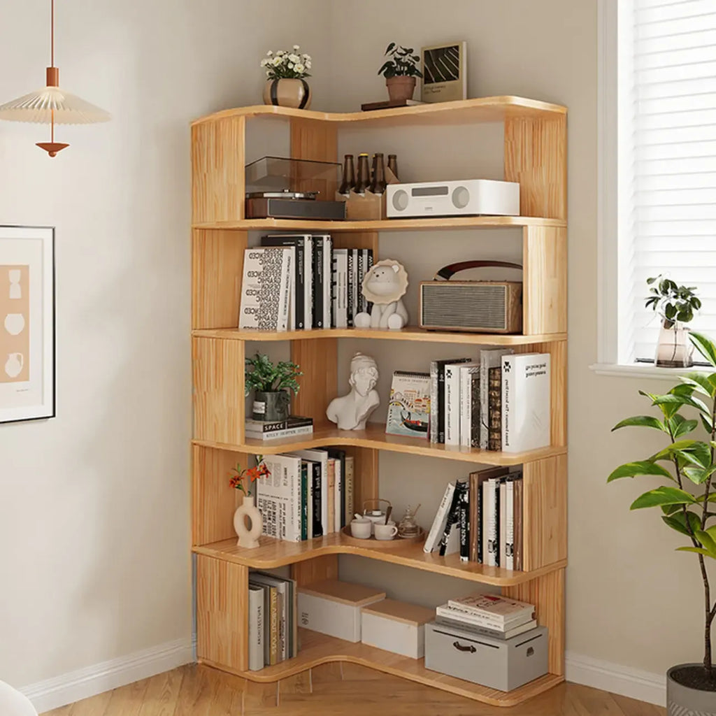 L-förmiges offenes Bücherregal aus Holz mit Naturfinish