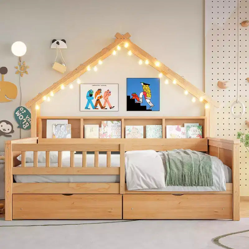 Hausbettgestell in voller Größe mit Schubladen, Haus-Plattformbett mit LED-Beleuchtung, Ablagefächern und Schubladen, Tagesbett aus Holz mit Dach und Geländer