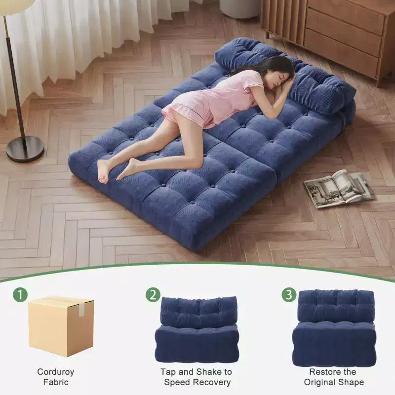 Klappbares Cord-Schlafsofa Futon, wandelbarer Bodenschlafsessel mit Kissen & Rückenlehne