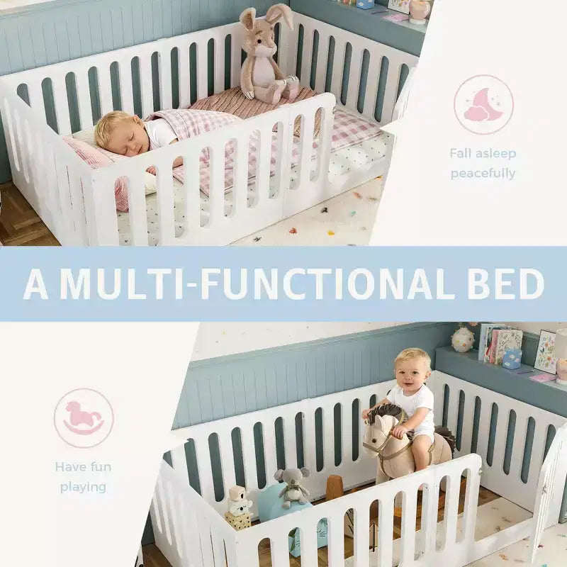 Weißes Twin Montessori Bodenbett mit Zaungittern & Tür – Massivholz, 1 Kind