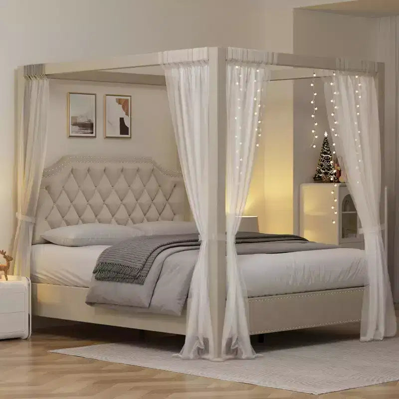 Queen-Size-Himmelbettgestell mit Pfosten, 4-Eck-Bettrahmen, Massivholzlattenrost, kein Boxspringbett erforderlich, geräuschfrei