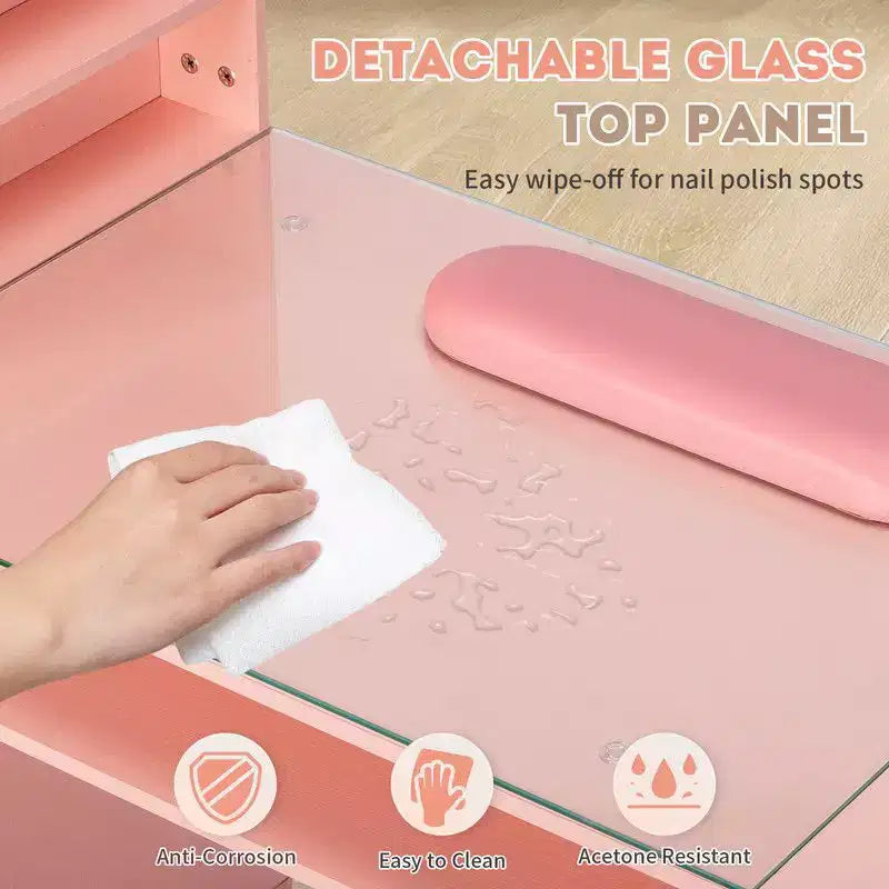 Schwarz/Pink Moderner Maniküre-Nageltisch mit Glasplatte & Handauflage, Einzelplatz