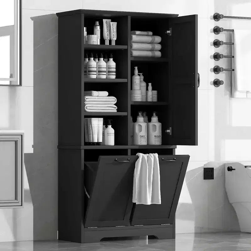 Badezimmerschrank mit Türen und Schubladen, Kippwäschekorb, mehreren Ablagefächern, freistehend