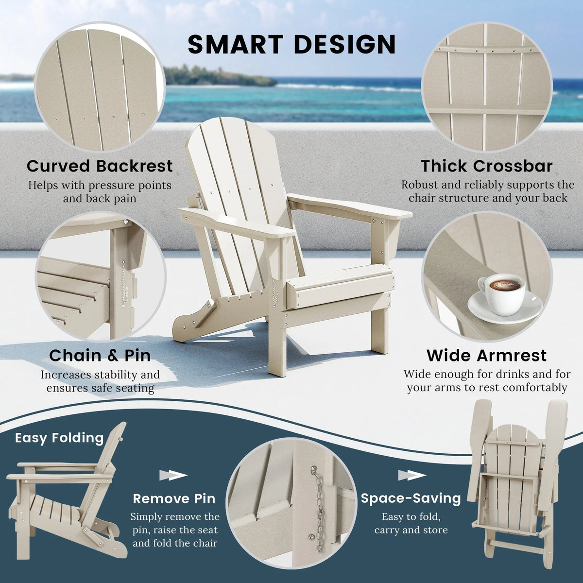 Polytrends Laguna Faltbarer Adirondack-Stuhl für den Außenbereich, wetterfest und lichtbeständig