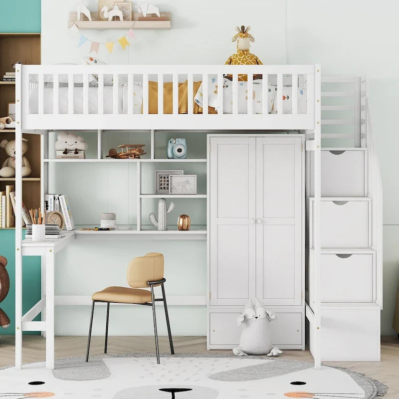 Kiefer-Hochbett mit Schreibtisch und Stauraum