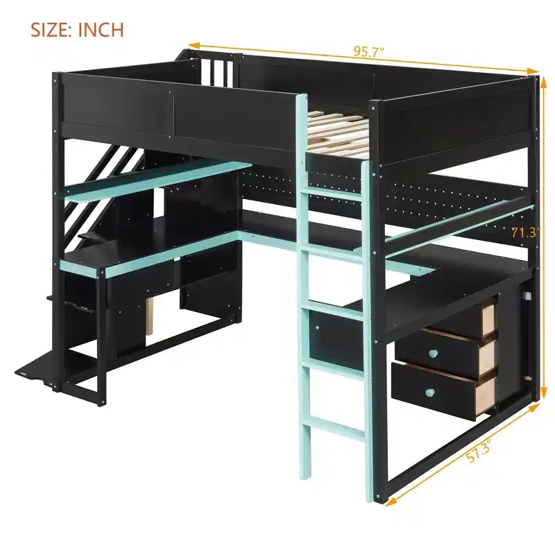 GDFStudio Scott hölzernes Gaming-Hochbett mit Stauraumtreppe, Schreibtisch, Regalen und Lochwand
