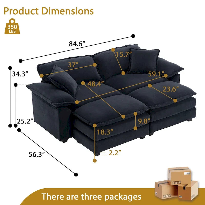 2-Sitzer-Sofa mit 2 Kissen, 2 Polstern und 2 Hockern, bequemes Sofa – Tiefes Wohnzimmersofa, Modulsofa