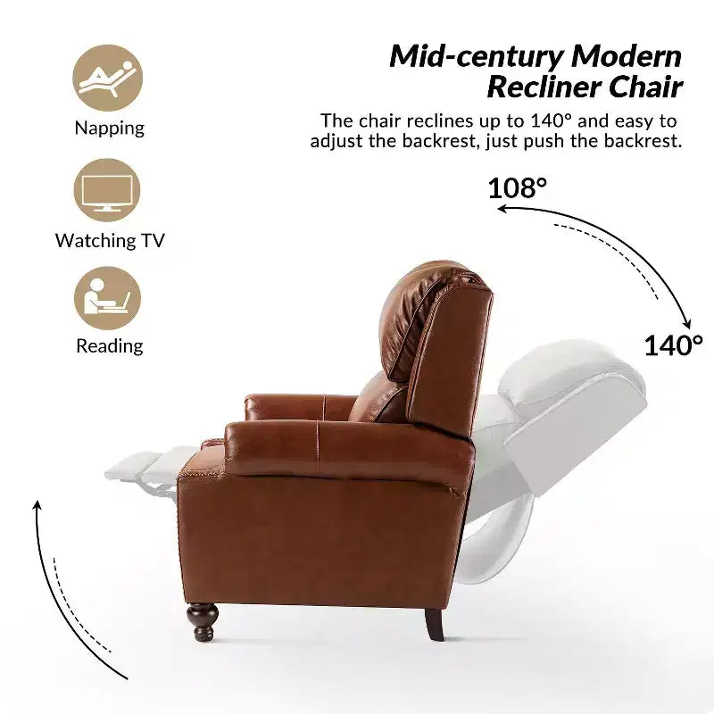 2er-Set Elisabete Modern Wingback Echtleder-Liegesessel mit Vintage-Nagelkopfleiste für Wohn- und Schlafzimmer | ART OF LIVING DESIGNS