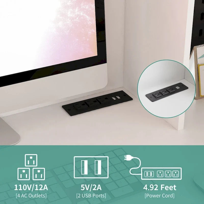 L-förmiger Schreibtisch mit Steckdose, Computertisch mit Schubladen, Regal & Aufsatz, Moderner Eckschreibtisch, Home-Office-Schreibtisch