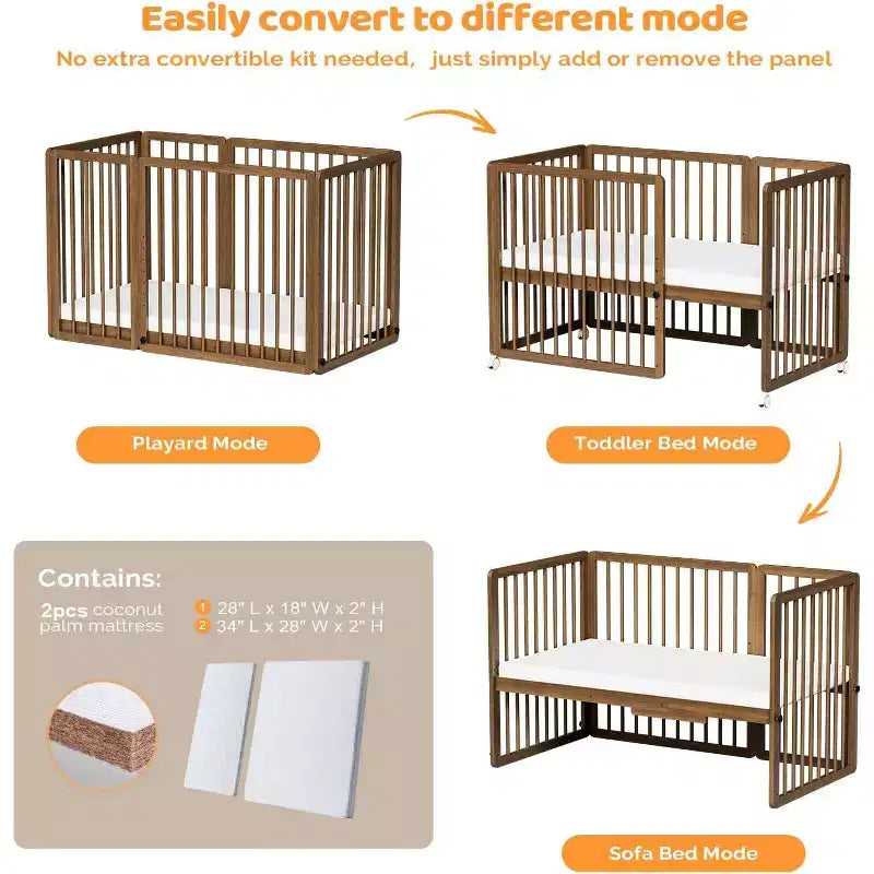 JOYMOR 8-in-1 umwandelbares Kinderbett, inklusive 2 Matratzen, umwandelbar in Stubenwagen, Mittelbett, großes Kinderbett, Tagesbett, Kleinkindbett und Laufstall