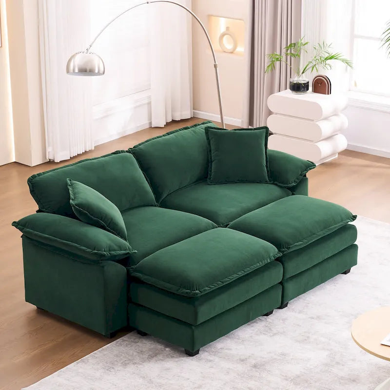 2-Sitzer-Sofa mit 2 Kissen, 2 Polstern und 2 Hockern, bequemes Sofa – Tiefes Wohnzimmersofa, Modulsofa
