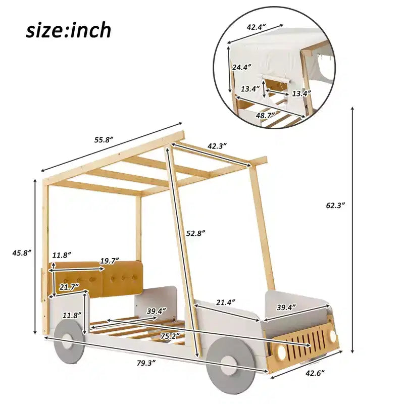 Whisen Holzbett Auto mit Kissen, Decke und LED - Natur