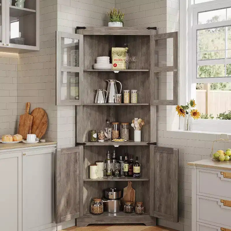 69" Hoher Eckschrank, Bauernhaus-Eckschrank, platzsparender Stauraum, Glastür, verstellbare Einlegeböden, für Wohnzimmer, Küche