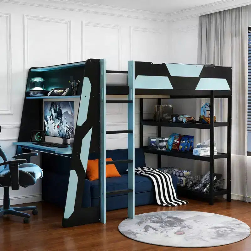 Luxystar Gaming-Hochbett mit Schreibtisch, Ablageregalen und Beleuchtung