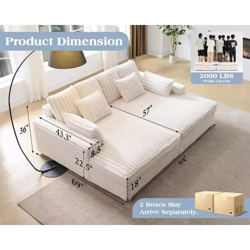 AMERLIFE 93 Doppel-Récamiere-Sofa für Zwei, tiefes Cloud-Sofa mit Lendenkissen & breiten Armlehnen, einfache Montage, Kunstfell