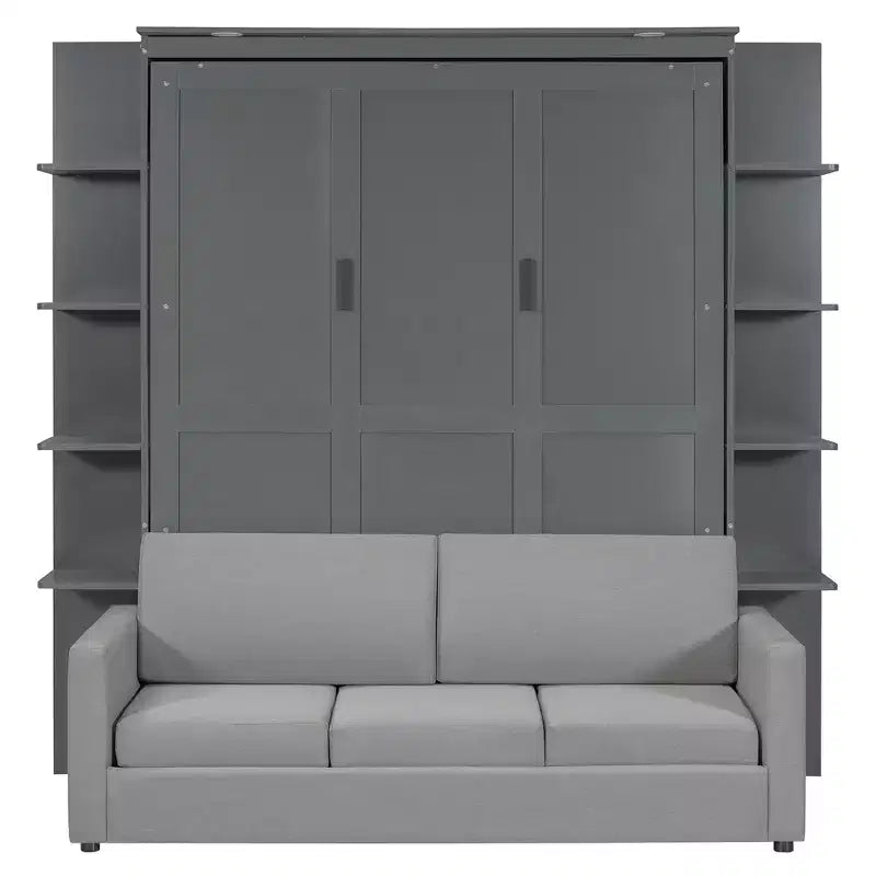Whisen Modern Design Queen-Size Schrankbett mit Holzrahmen, Sofa und Regalen