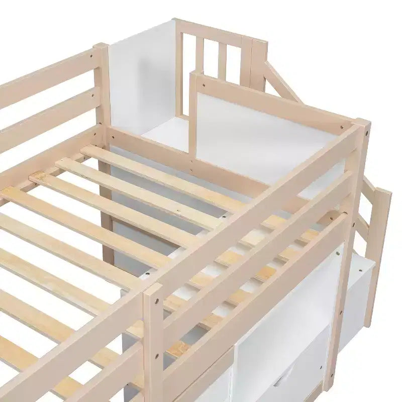 Okak Massivholz-Hochbett mit Treppe & Stauraum, Niedriges Etagenbett mit Schubladen & Regalen, Multifunktionales Hochbett für Kinder, Jugendliche