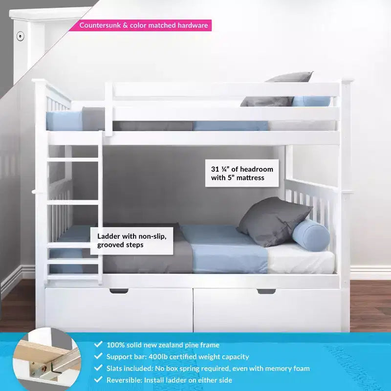 Massivholz-Etagenbett für Kinder (Twin über Twin) mit Schubladen unter dem Bett