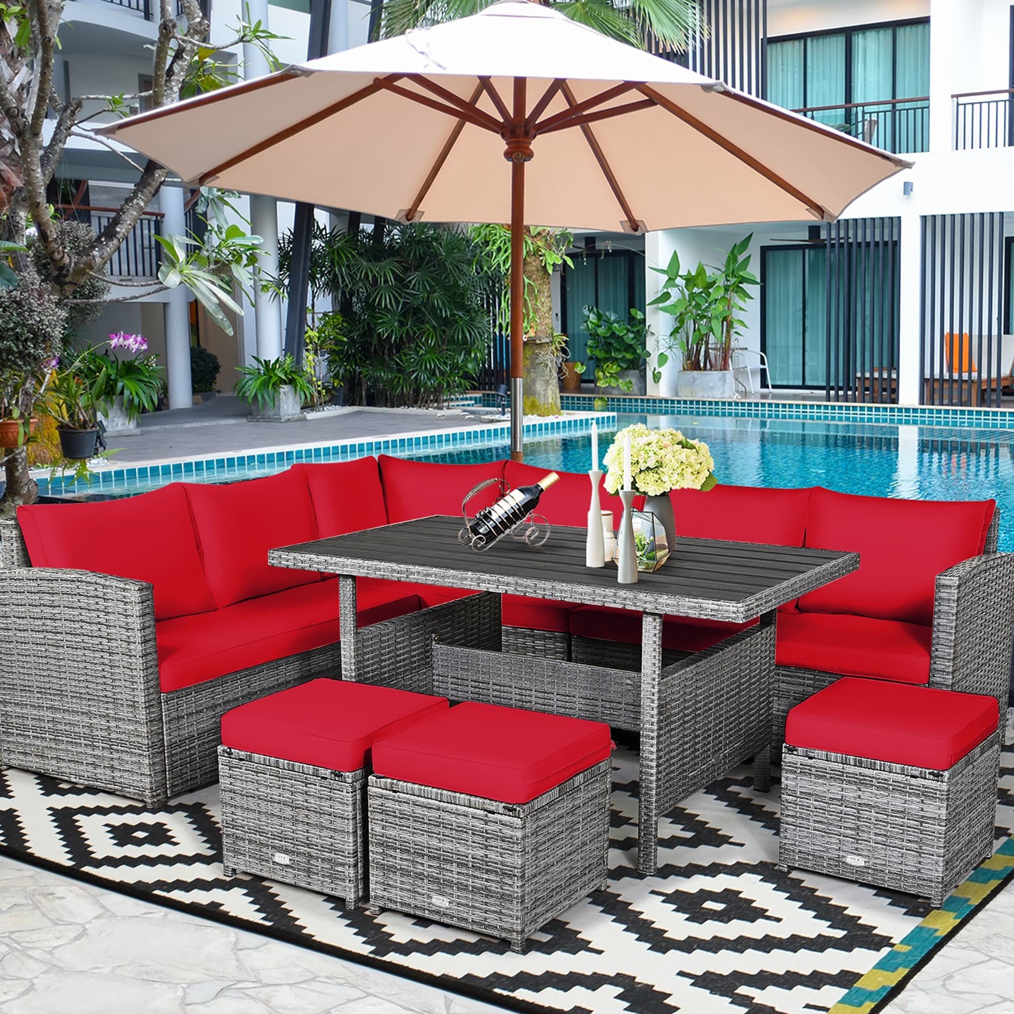 Costway 7-teiliges Terrassen-Essgruppe Rattan-Sofa Couch Ottomane – Details ansehen