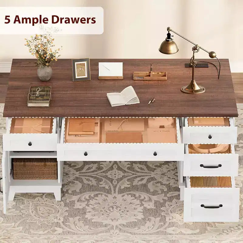 60 Executive Schreibtisch mit Schubladen, Home Office Schreibtisch mit Ladestation, Computer-Schreibtisch aus Holz für Arbeitszimmer, Konferenztisch für Wohnzimmer