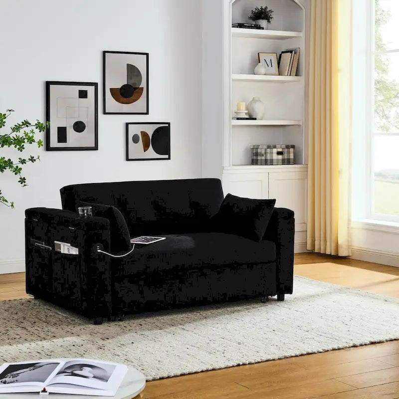 54 Schlafsofa zum Ausziehen, 2-Sitzer-Schlafsofa mit Stauraum, Lendenkissen, USB-Steckdose