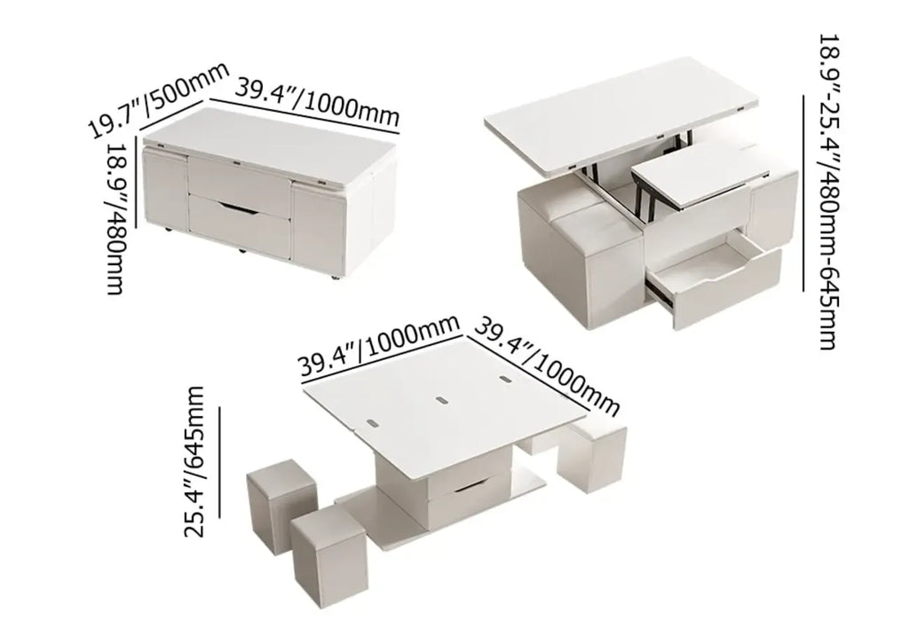 Klappbarer Couchtisch mit Liftfunktion, 4 Hockern und Stauraum