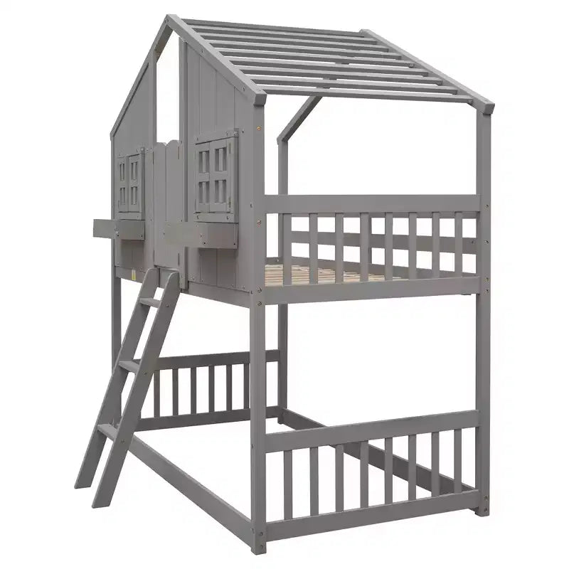Doppel-Loftbett in Hausform, Holzspielhaus-Loftbett mit Leiter und Schutzgittern für Kinder