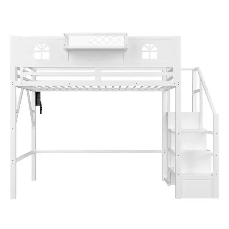 ModernLuxe Hochbett für Full/Queen-Betten mit Treppe und integriertem Kleiderschrank, Metallbettgestell mit LED-Beleuchtung, USB-Ladestation und Ablagefächern