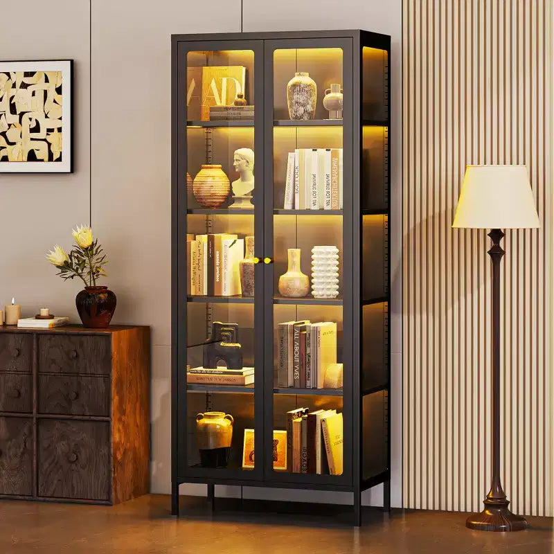 Bekrvio 67H Vitrine mit 3-seitigem Glas und LED-Beleuchtung, 5-Lagen-Aufbewahrung mit Doppeltüren und Metallrahmen für Sammlerstücke, ideal für kleine Räume