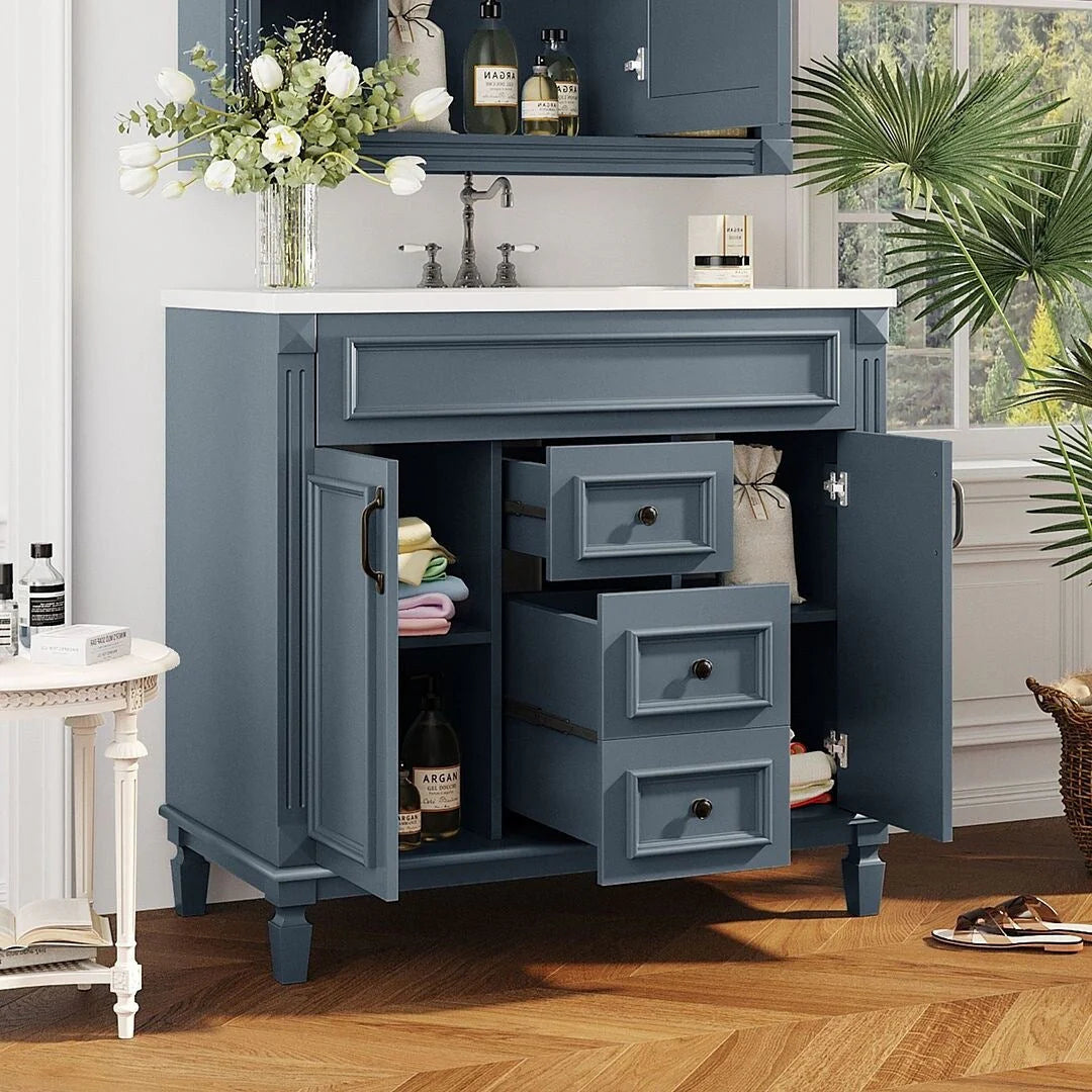 Moderner 36'' Badschrank mit Aufsatzwaschbecken und Spiegelschrank, 2 Türen und 2 Schubladen