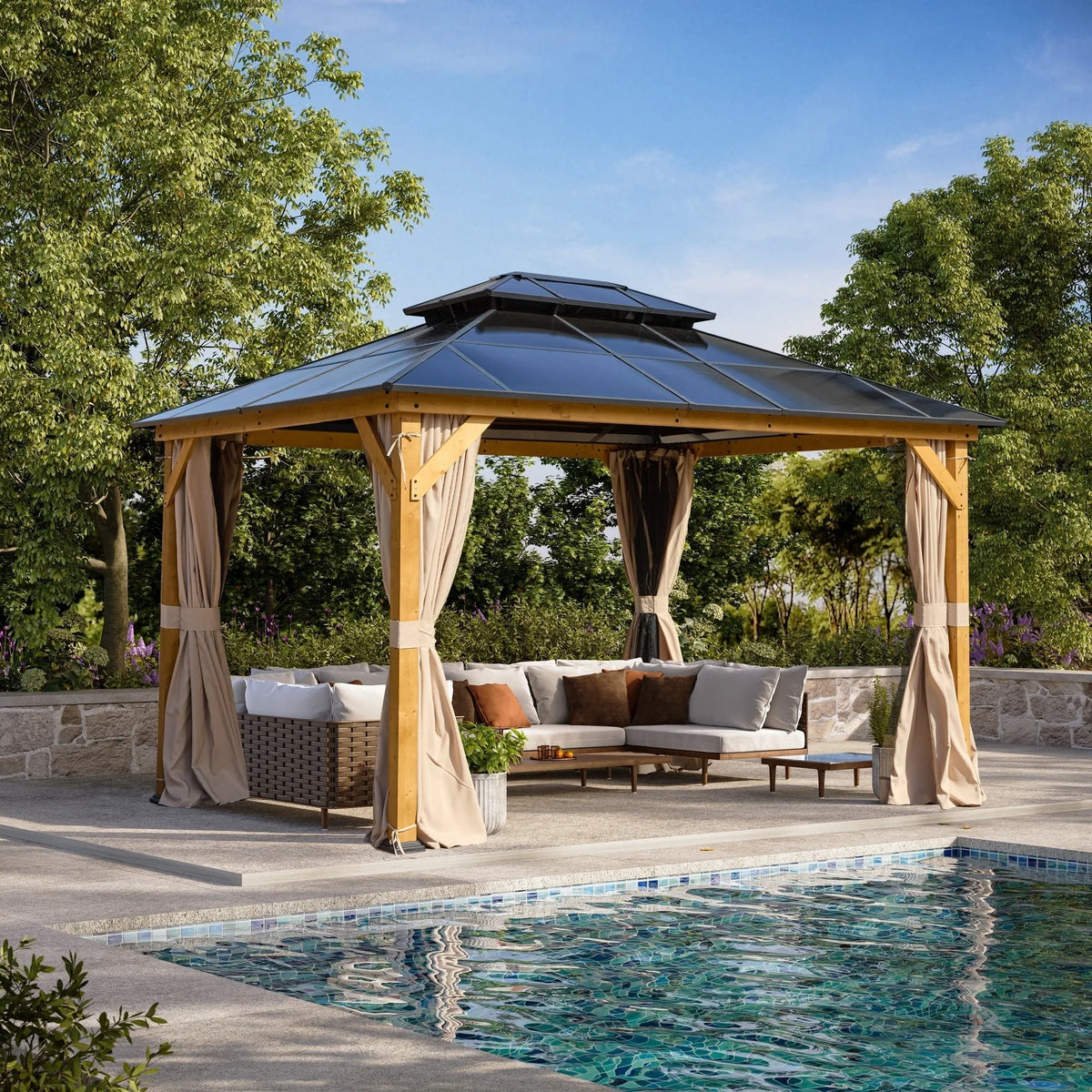 EROMMY Hardtop-Pavillon, Outdoor-Pergola mit Doppeldach & Netzen & Vorhängen, Hochleistungs-Canopy für Terrasse, Garten, Poolparty