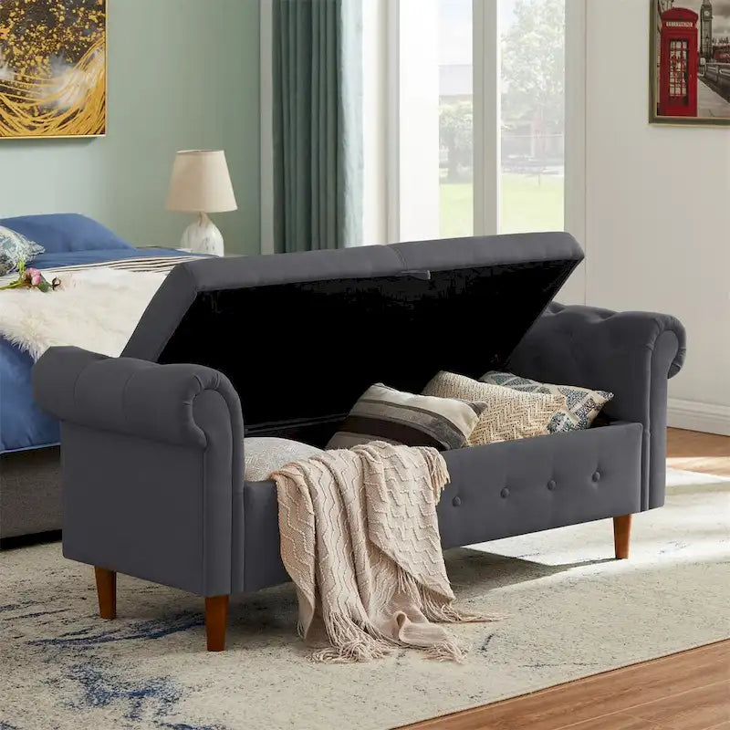 Sitzbank für Schlafzimmer, am Fußende des Bettes, mit gerollten Armlehnen, Samt-Ottomane, lange Bank