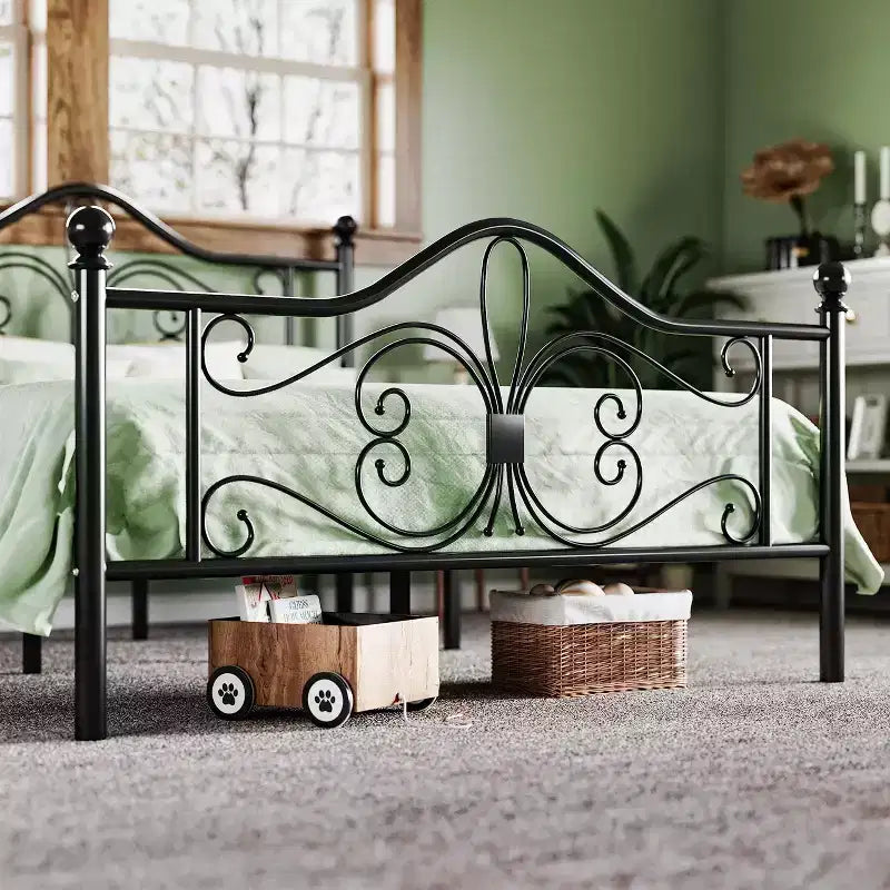 Kinder-Metallbettrahmen mit Schmetterlings-Kopf- und Fußteil, kein Boxspringbett erforderlich