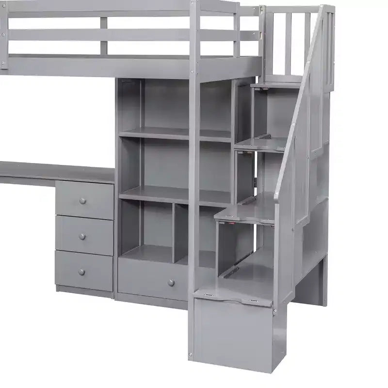 Hochbett in Twin-Größe mit L-förmigem Schreibtisch, 3 Schubladen, Schrank, Treppenstauraum, aus massivem Kiefernholz/MDF gefertigt