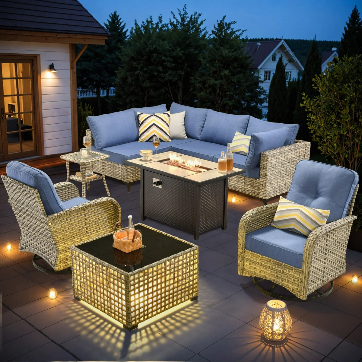 OVIOS 9-teiliges Gartenmöbel-Set aus Korbsessel und Feuertisch
