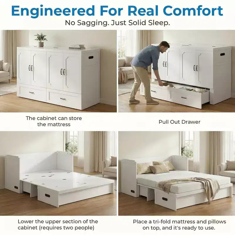 Mjkone Queen-Size-Schrankbett mit Matratze, USB-Ladeanschluss und Aufbewahrungsschubladen
