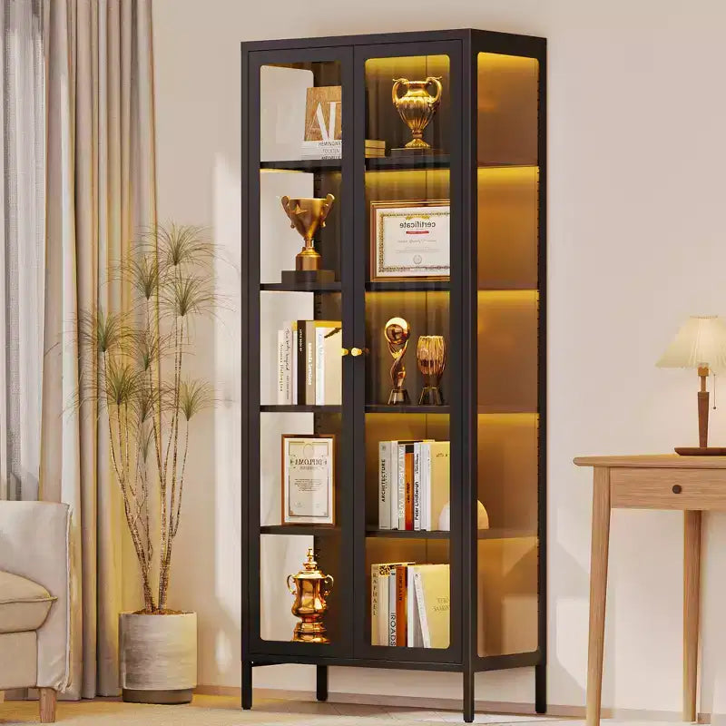 Bekrvio 67H Vitrine mit 3-seitigem Glas und LED-Beleuchtung, 5-Lagen-Aufbewahrung mit Doppeltüren und Metallrahmen für Sammlerstücke, ideal für kleine Räume