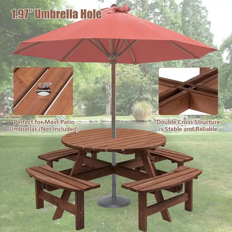 8-Personen Outdoor-Picknick-Esstisch-Garnitur aus Tannenholz, rund, mit 4 integrierten Bänken und Sonnenschirmloch