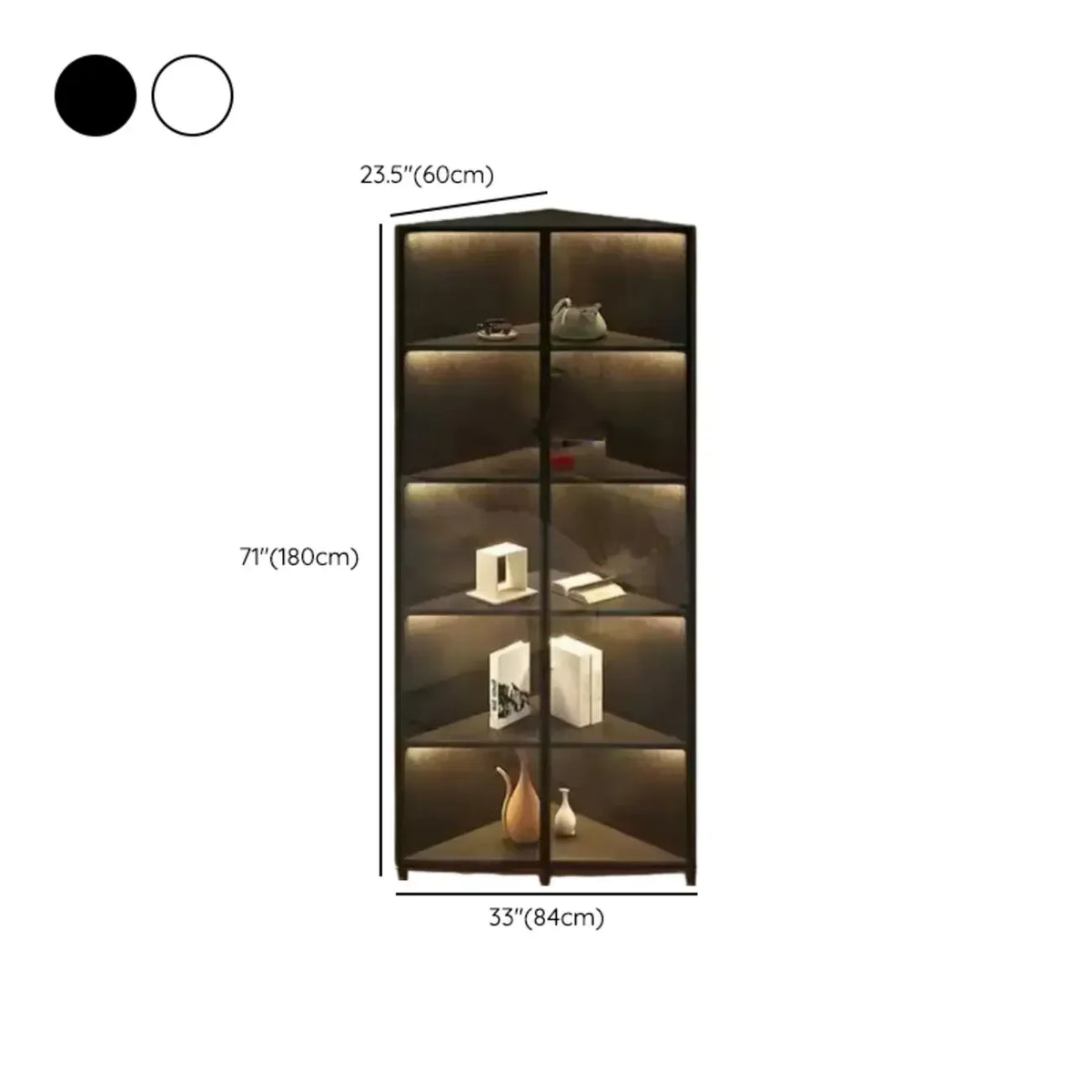 Modernes graues Eck-Standregal aus Metall und Holz mit Glastür