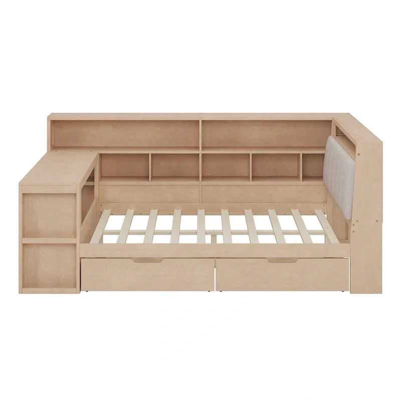L-förmiges Holzsofa-Tagesbett mit Schreibtisch, Bücherregal, Eckbett mit Schubladen unter dem Bett, gepolstertem Kopfteil und integrierter Beleuchtung