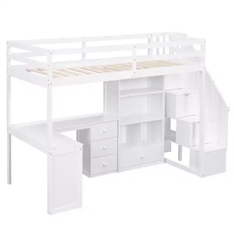 Hochbett in Twin-Größe mit L-förmigem Schreibtisch, 3 Schubladen, Schrank, Treppenstauraum, aus massivem Kiefernholz/MDF gefertigt