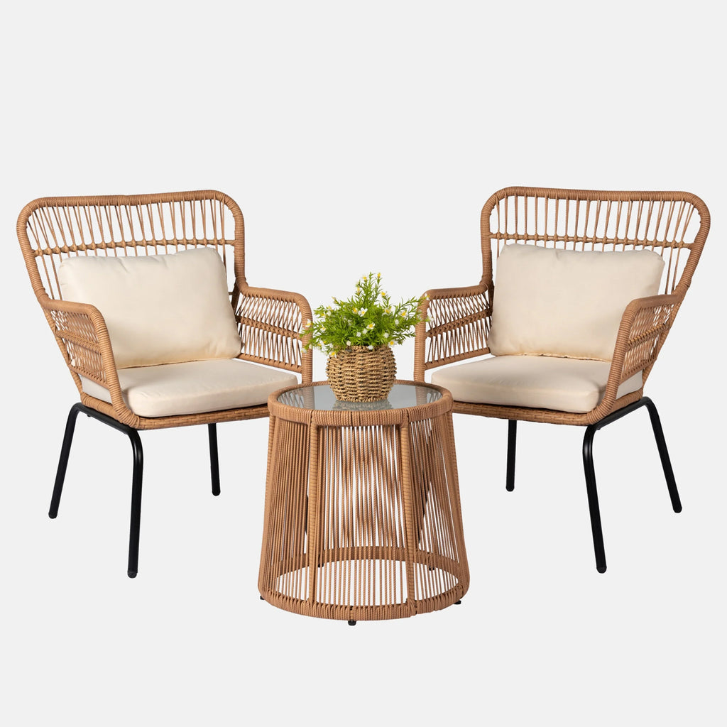 3-teiliges Outdoor-Bistro-Set aus Korbstühlen, witterungsbeständige Rattanmöbel-Sitzgruppe mit Kissen