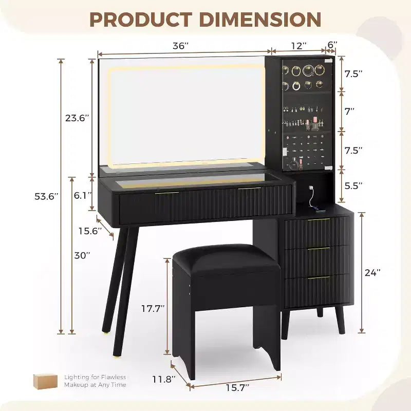 48" Schminktisch mit geriffelter Optik, großem Spiegel und Lichtern, moderner Schminktisch mit Ladestation und gepolstertem Aufbewahrungshocker für Zuhause