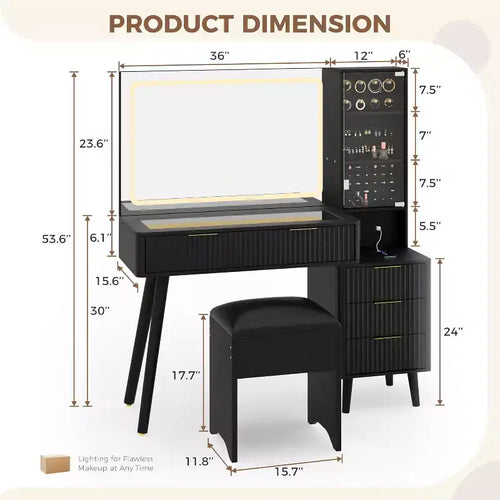 48" Schminktisch mit geriffelter Optik, großem Spiegel und Lichtern, moderner Schminktisch mit Ladestation und gepolstertem Aufbewahrungshocker für Zuhause