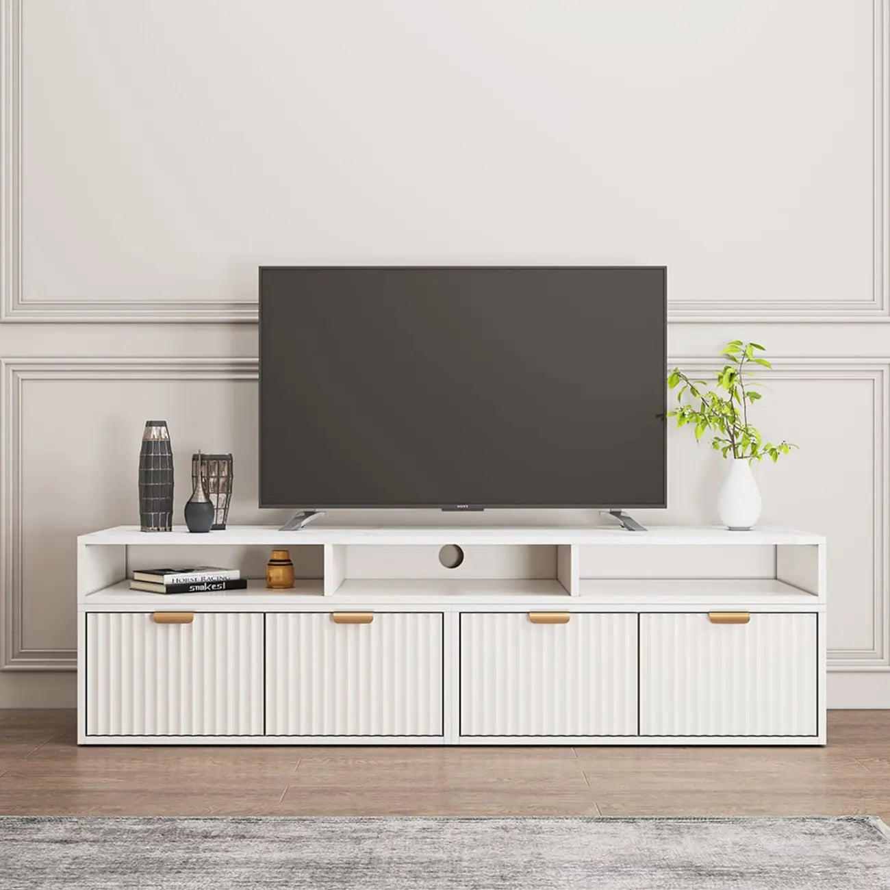 Moderner, weißer TV-Eckschrank mit 2 Schubladen und offenem Stauraum