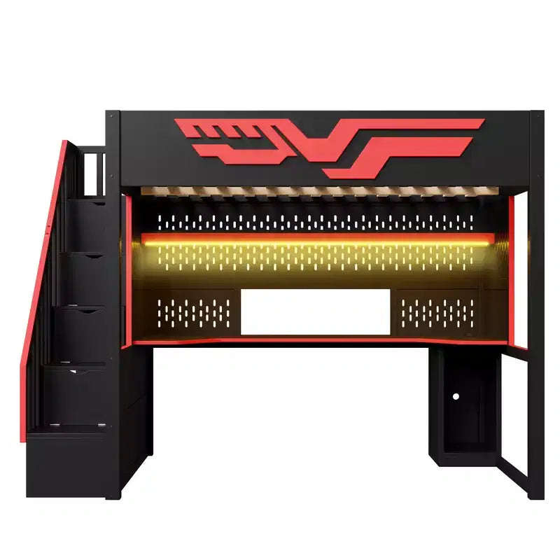 Vollständiges Gaming-Hochbett mit Schreibtisch und LED-Beleuchtung, großes Hochbett aus Holz mit Treppe und Stauraumtreppe sowie USB-Anschluss, Rot+Schwarz