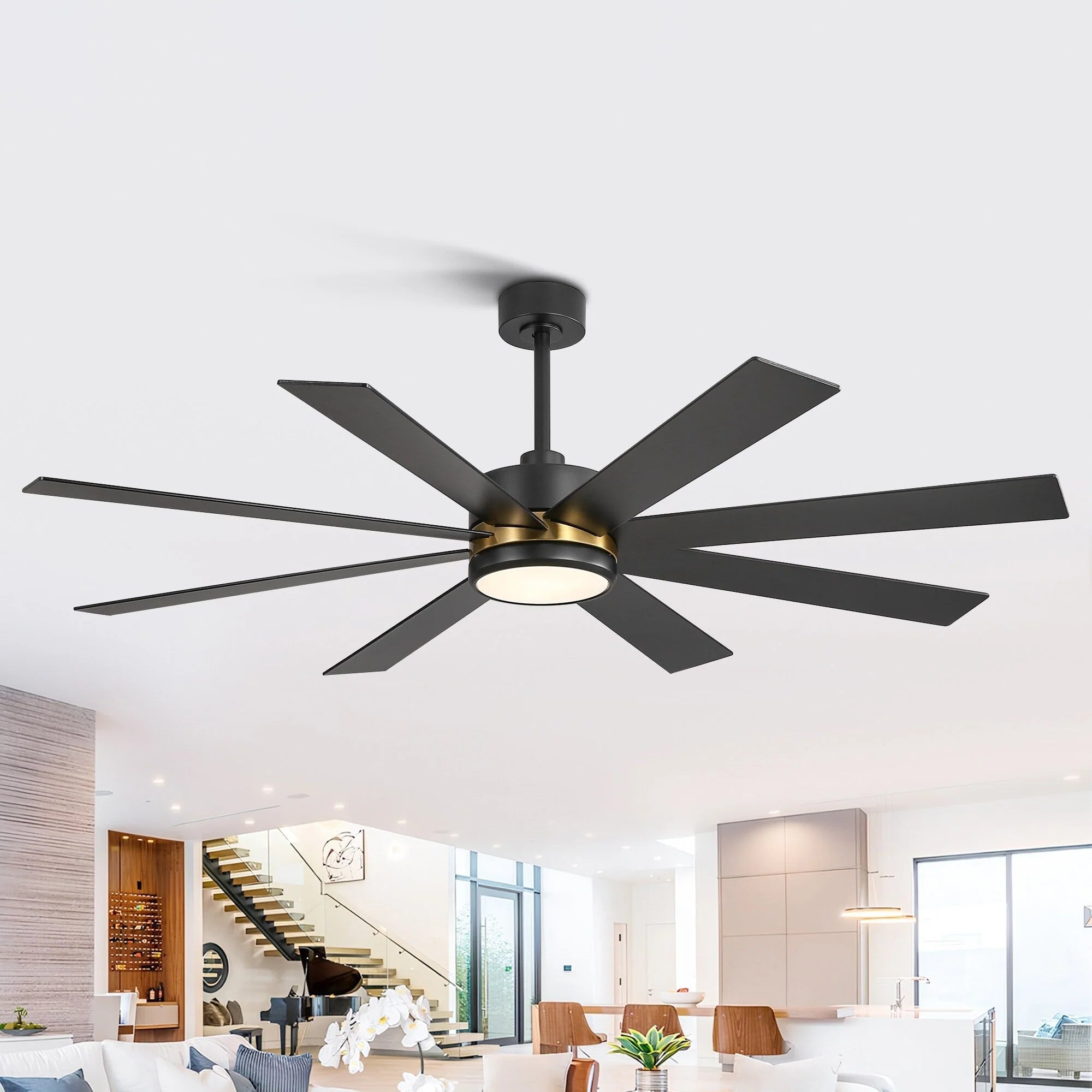 65-Zoll-LED-Deckenventilator mit 8 Flügeln, Licht und Fernbedienung, Schwarz